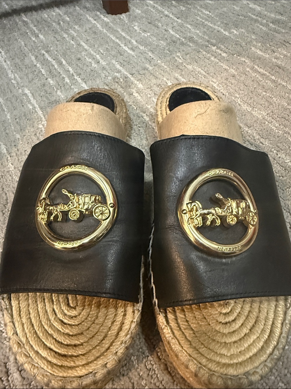 Classic Coach Black Leather Espadrille Slides with Gold Carriage Emblem